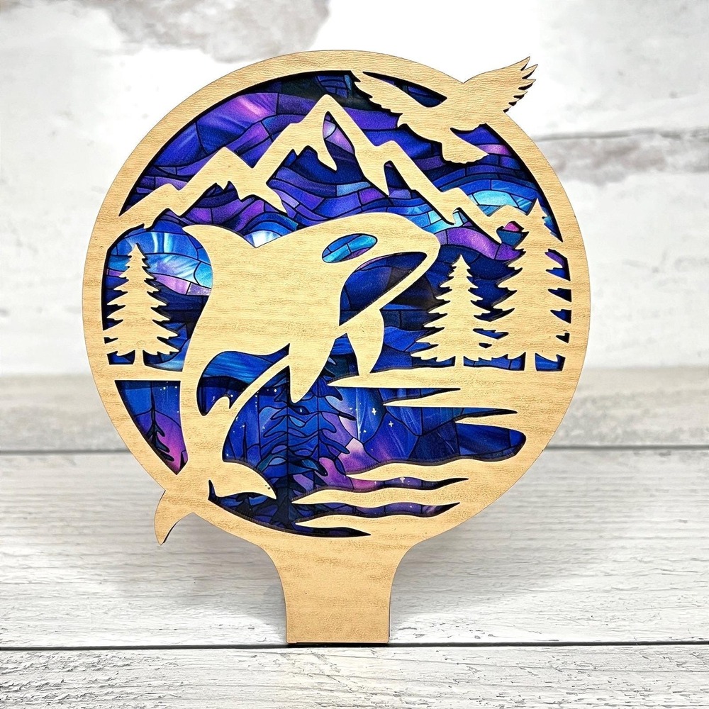 Orca Whale Night Light‎ Wood Pacific Northwest Mountain Scene Handcrafted